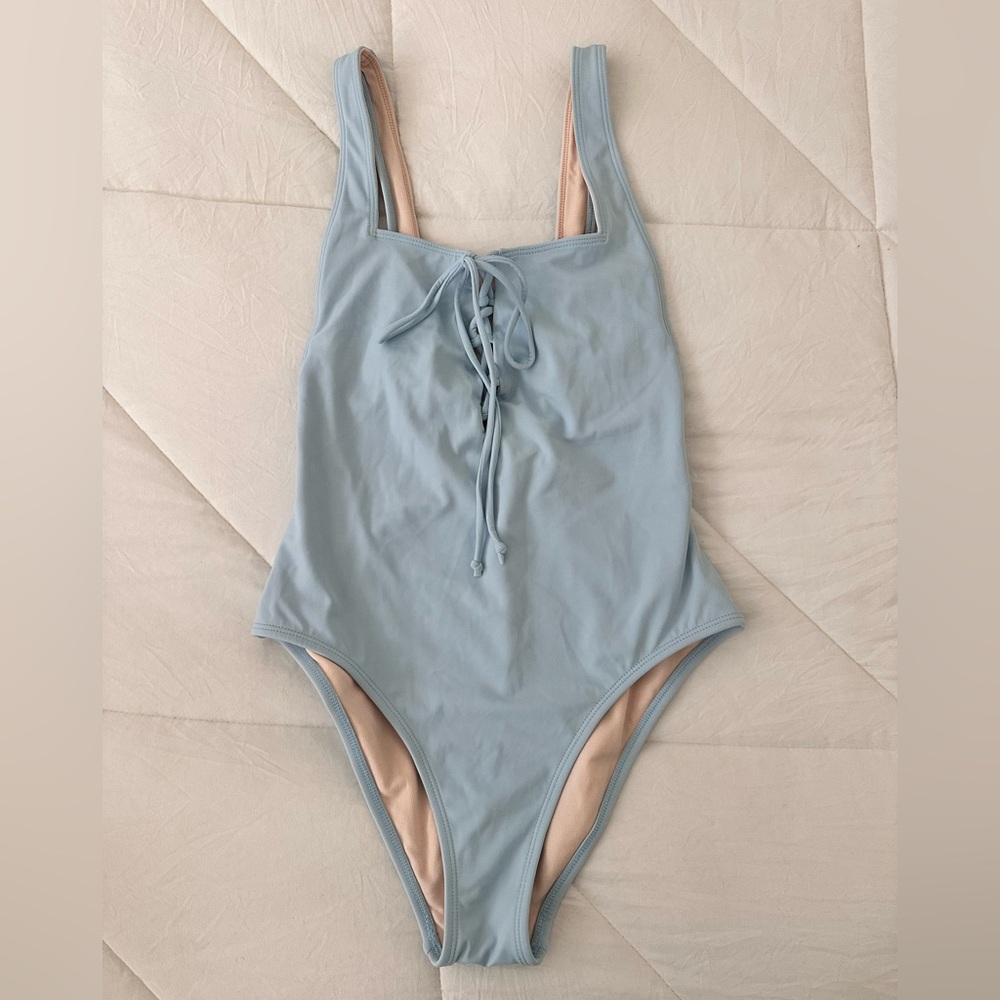 La Hearts Light Blue One-Piece Swimsuit with Beige Lining